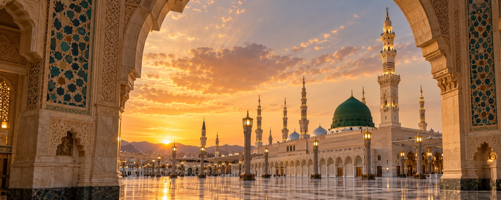 The green dome and minarets of the Prophet’s Mosque, framed by an ornate stone arch